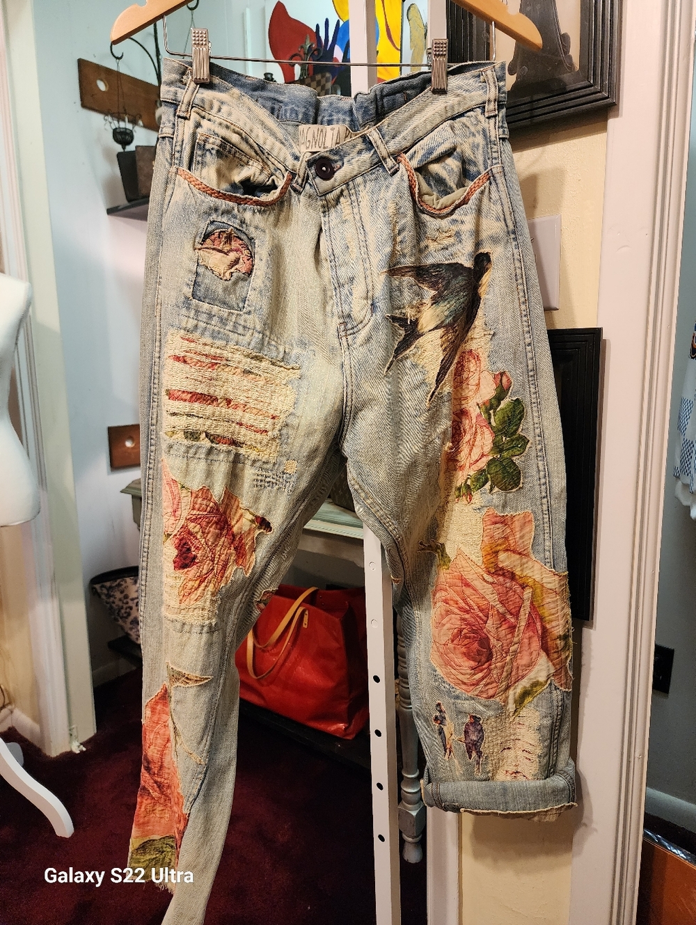 Magnolia Pearl Hand-Painted & Patchwork Light Wash Denim Jeans with Floral Motif